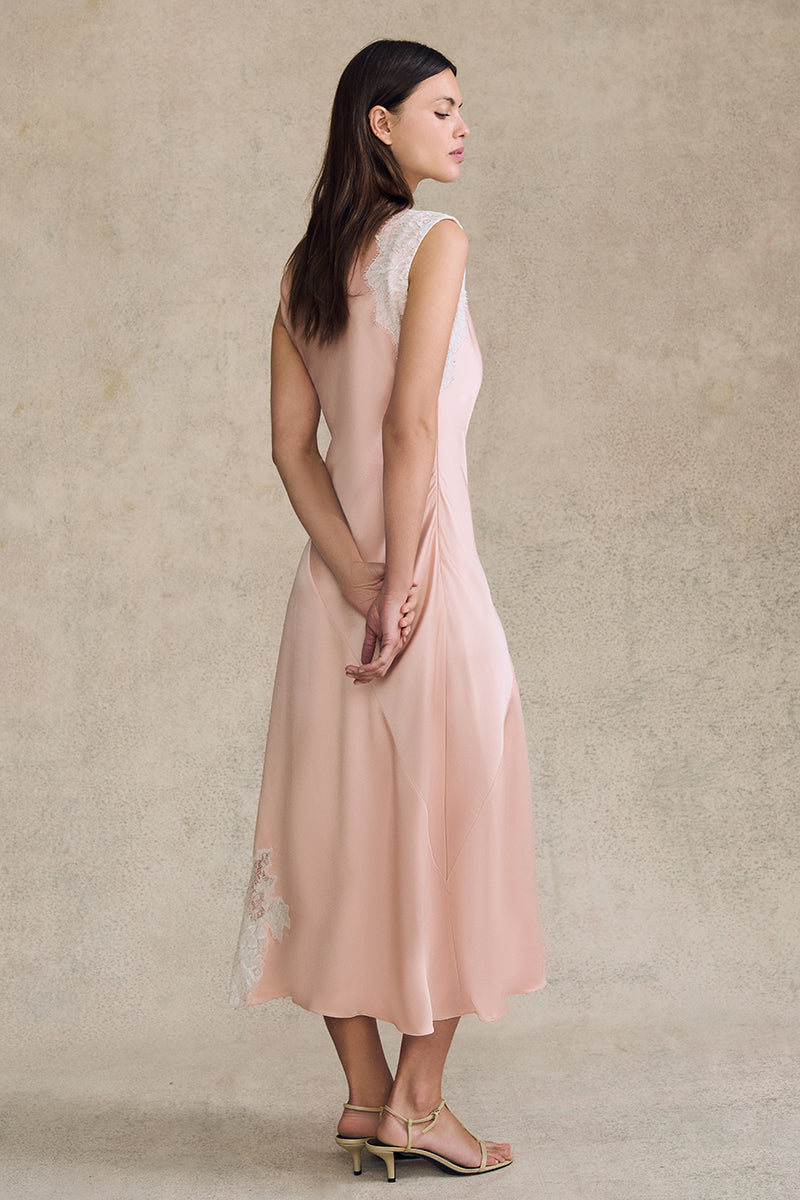Asymmetrical Twist Dress in Crepe Backed Satin with Lace Insets - Image 4