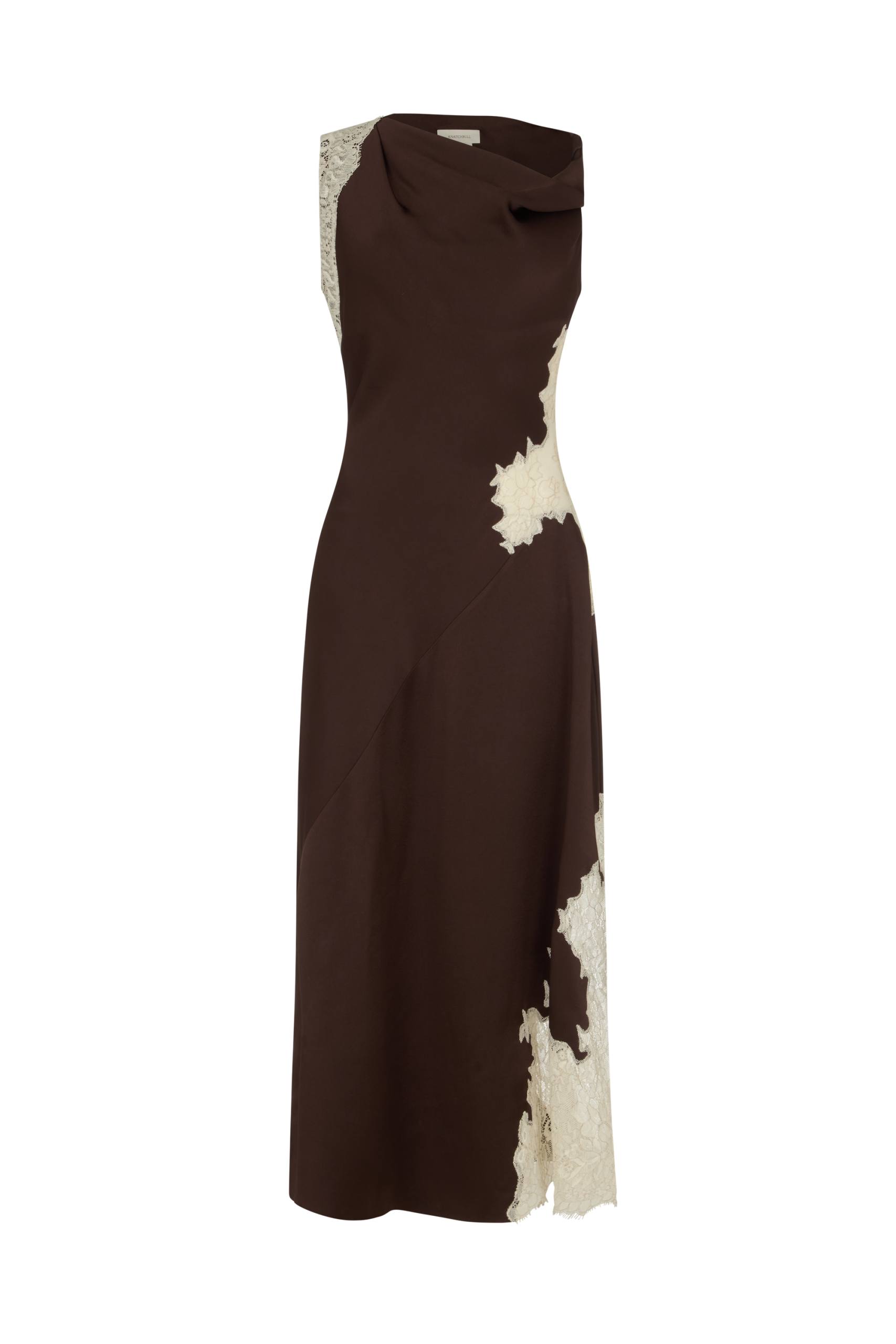 Asymmetrical Twist Dress in Crepe Backed Satin with Lace Insets