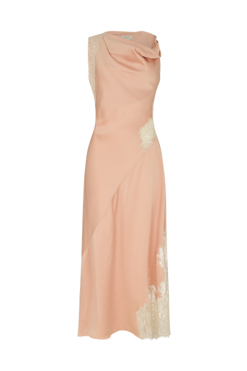 Asymmetrical Twist Dress in Crepe Backed Satin with Lace Insets