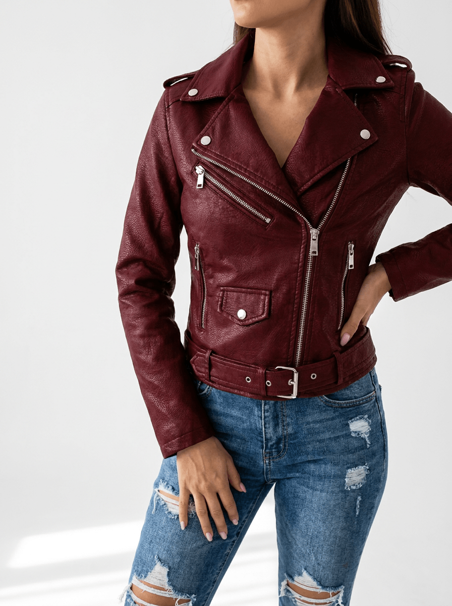 Faux Leather Moto Jacket Women Zip Up Belted Biker Jacket With Pockets ?? Kharites Shop - Image 6