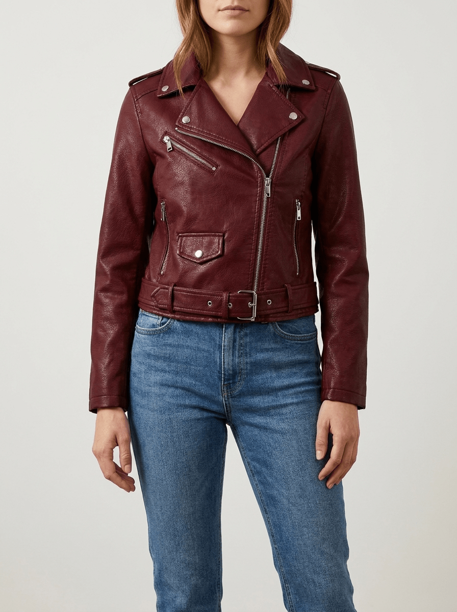 Faux Leather Moto Jacket Women Zip Up Belted Biker Jacket With Pockets ?? Kharites Shop - Image 5