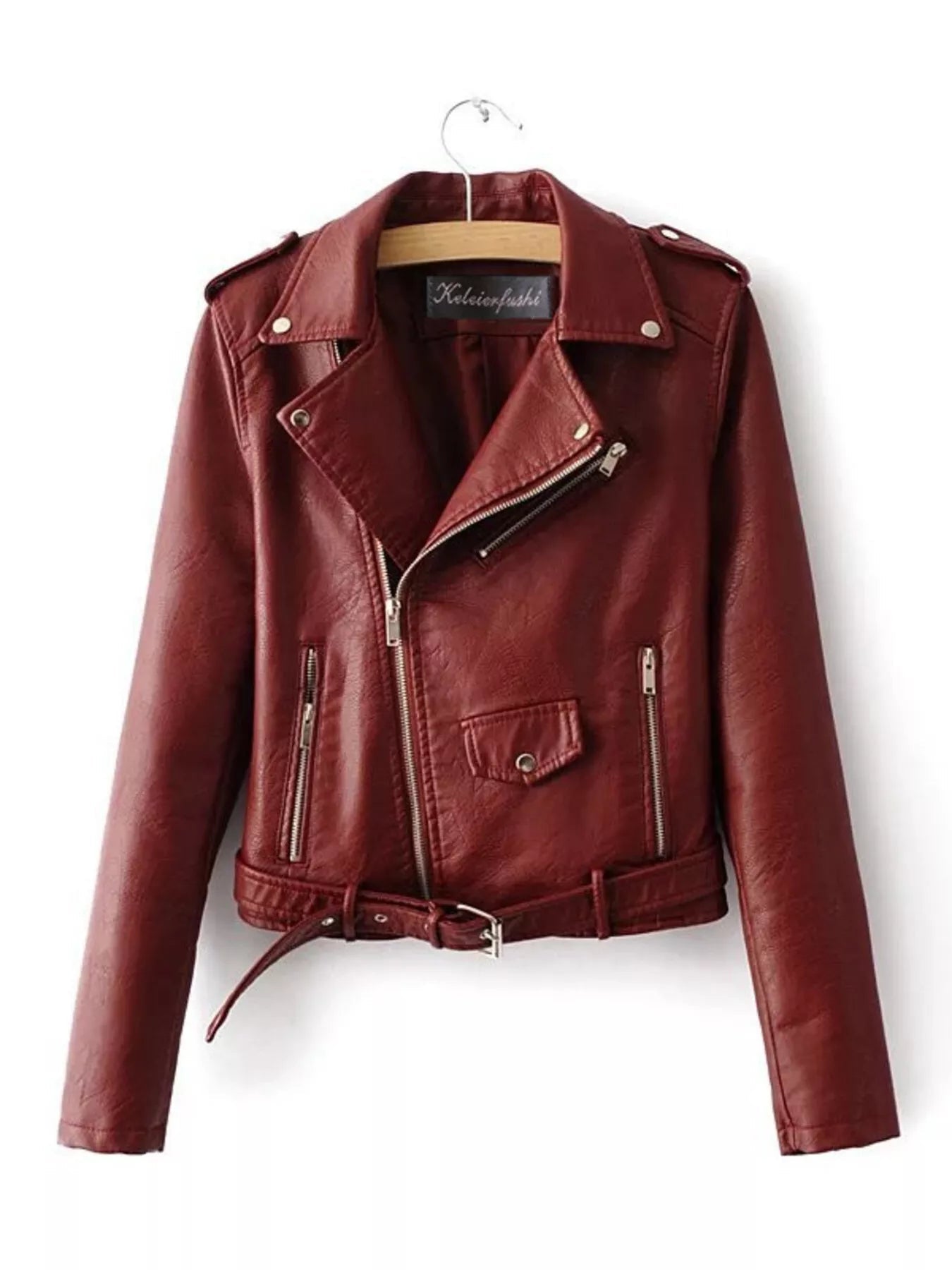 Faux Leather Moto Jacket Women Zip Up Belted Biker Jacket With Pockets ?? Kharites Shop - Image 7