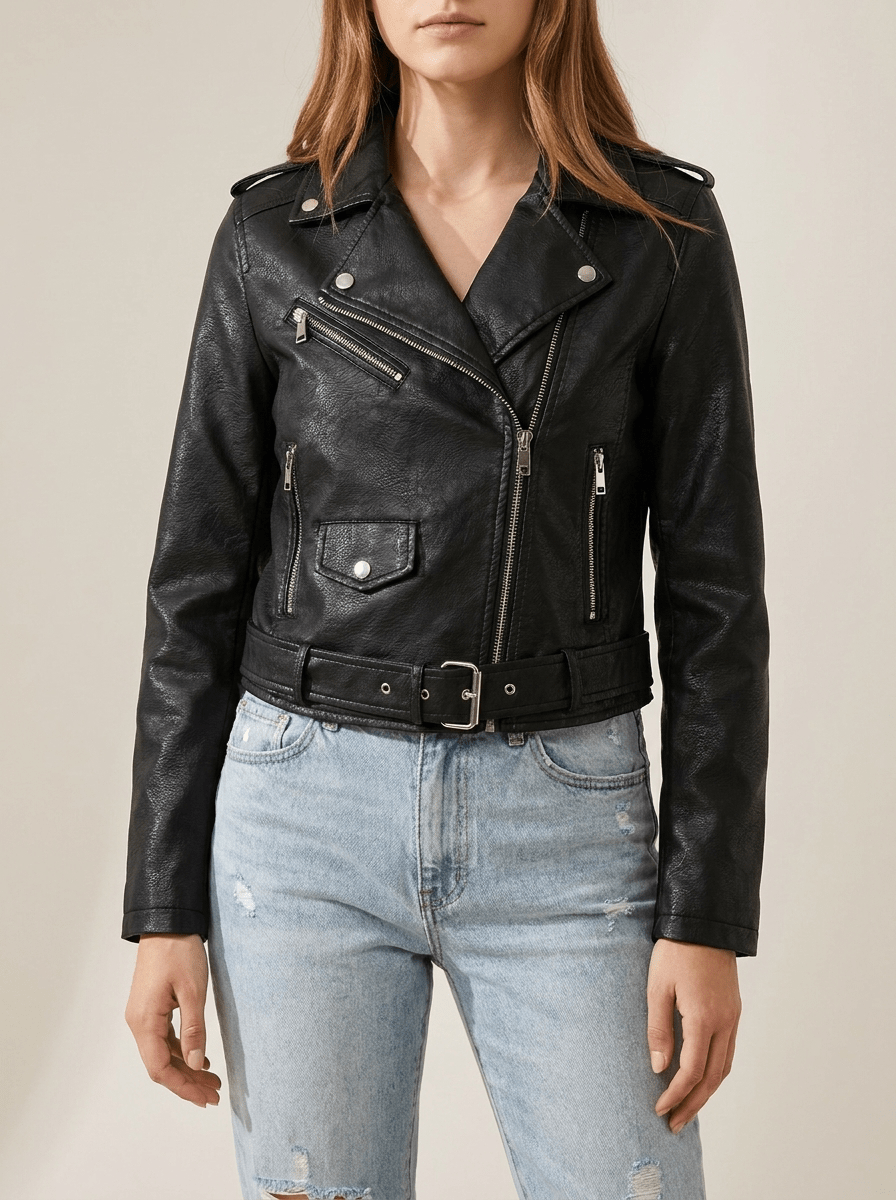 Faux Leather Moto Jacket Women Zip Up Belted Biker Jacket With Pockets ?? Kharites Shop