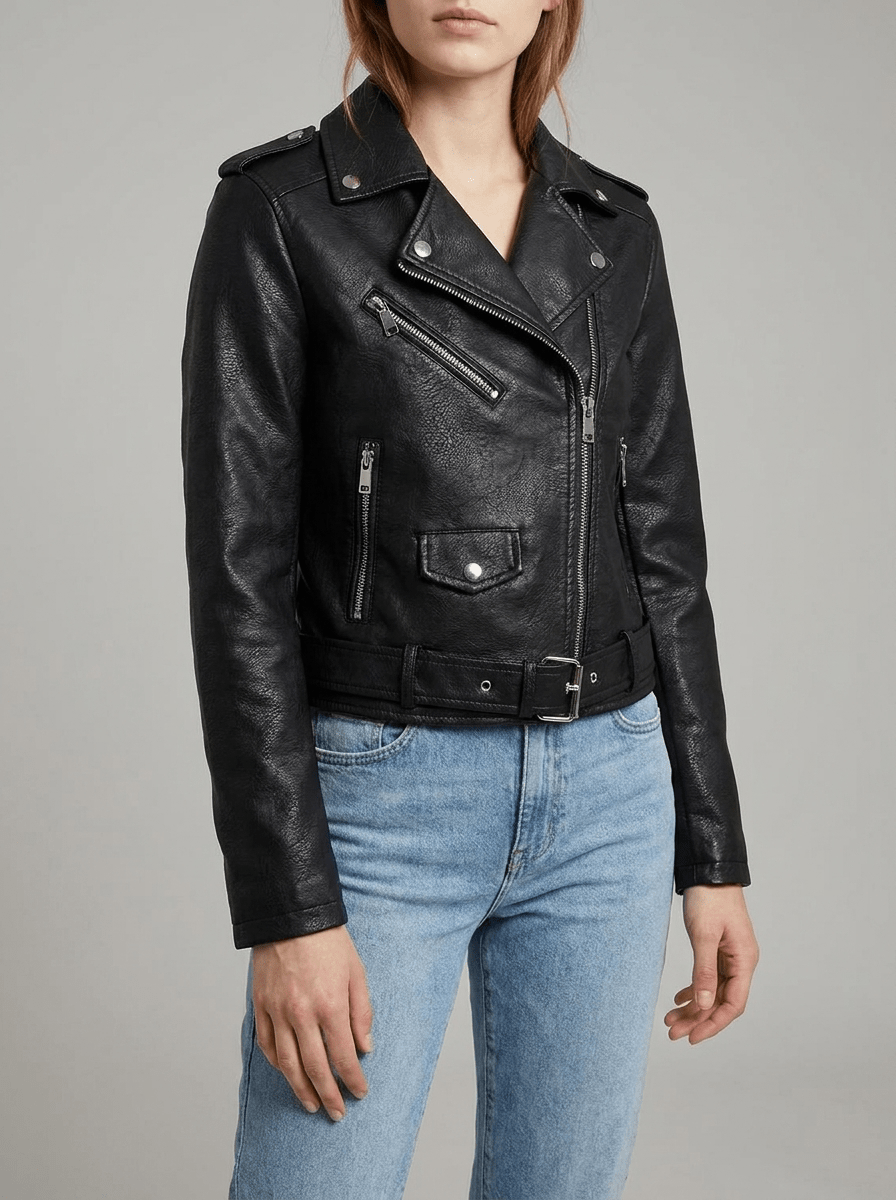 Faux Leather Moto Jacket Women Zip Up Belted Biker Jacket With Pockets ?? Kharites Shop - Image 3