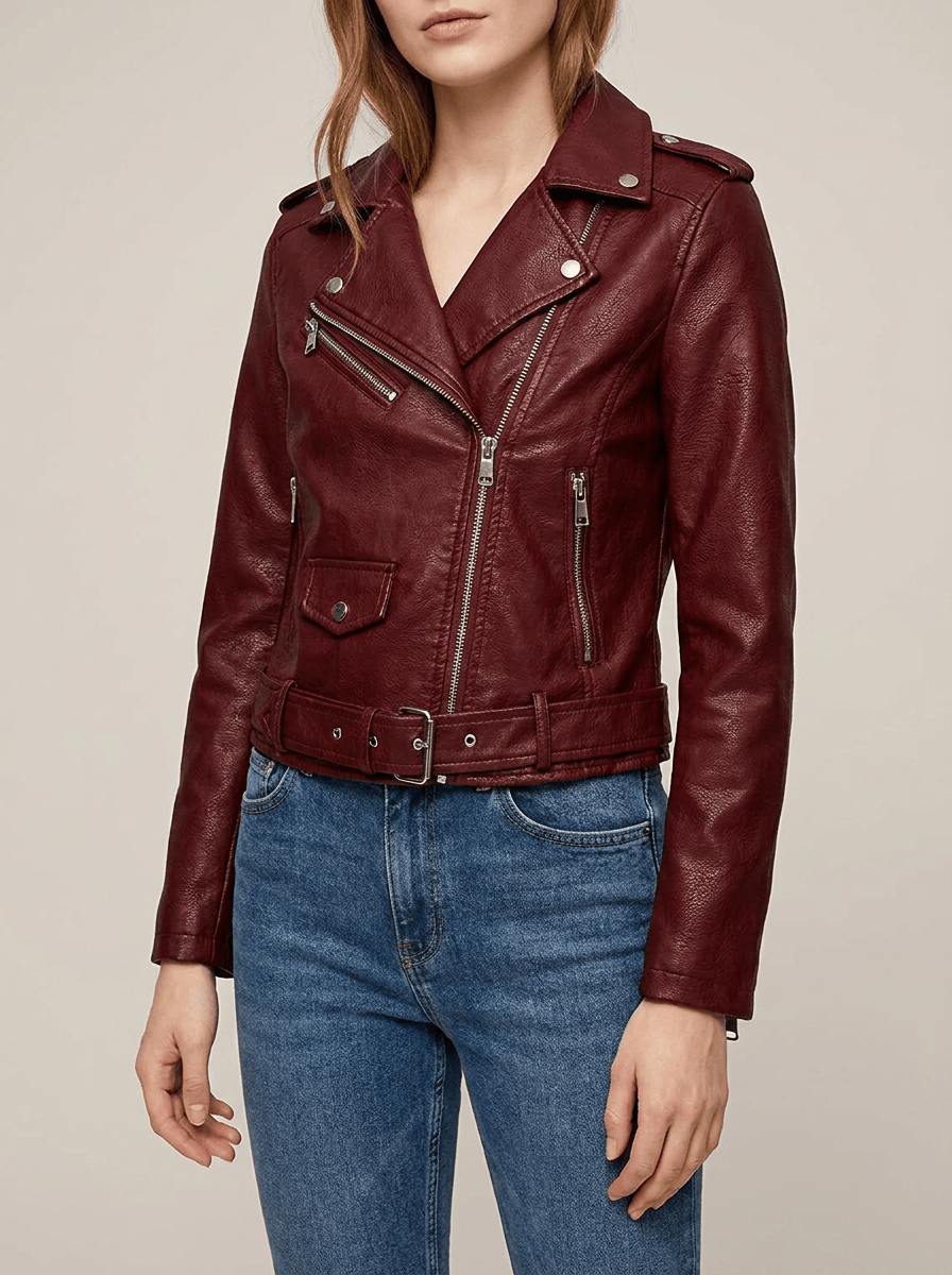 Faux Leather Moto Jacket Women Zip Up Belted Biker Jacket With Pockets ?? Kharites Shop - Image 4