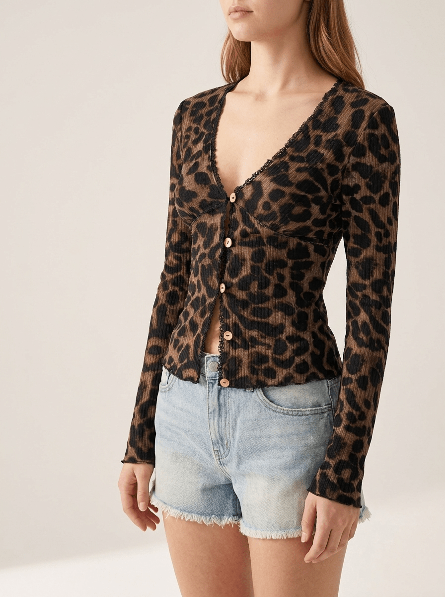 Leopard Print Button Down Top Women Short Sleeve Lace Trim Blouse ?? Kharites Shop - Image 4