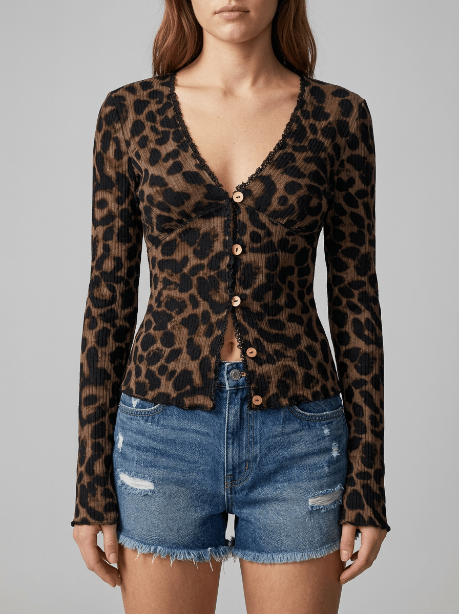 Leopard Print Button Down Top Women Short Sleeve Lace Trim Blouse ?? Kharites Shop - Image 3