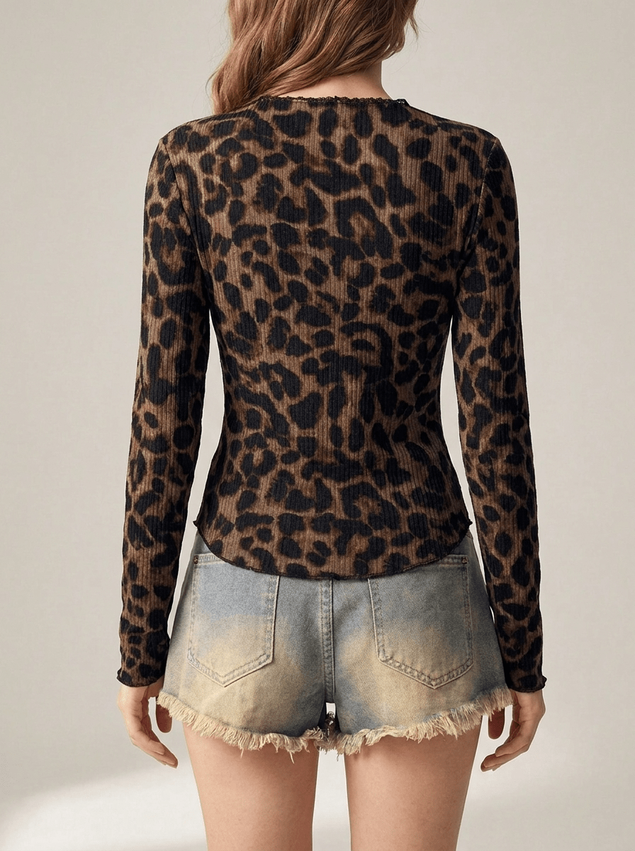 Leopard Print Button Down Top Women Short Sleeve Lace Trim Blouse ?? Kharites Shop - Image 2