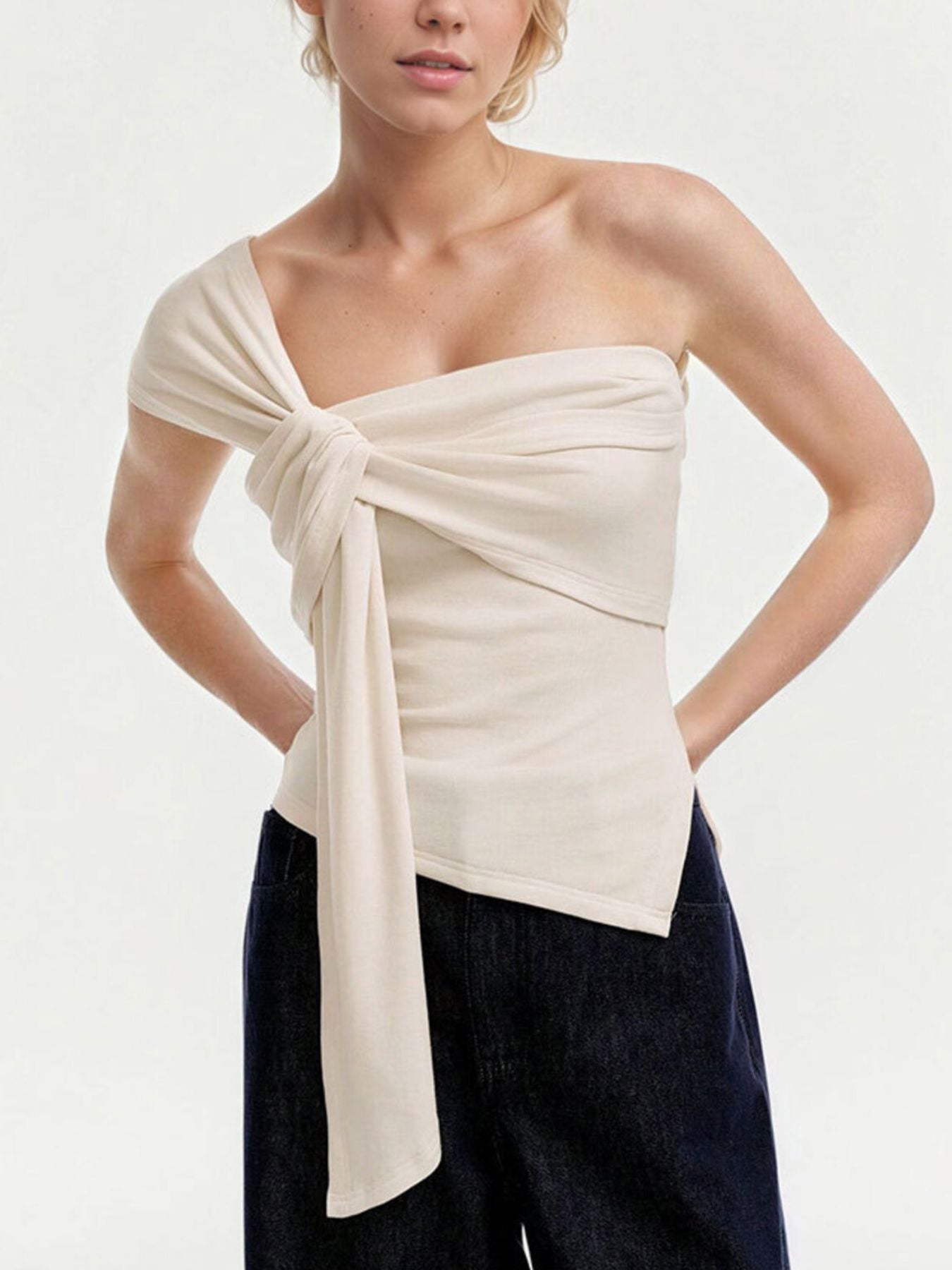 One Shoulder Knot Top Women Asymmetric Short Sleeve T Shirt ?? Kharites Shop - Image 2