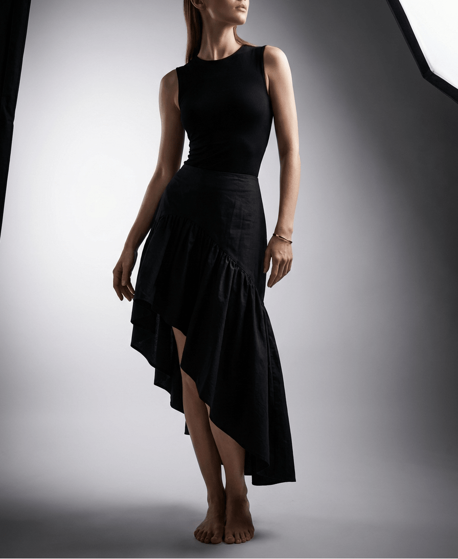 Ruffle Midi Skirt Women Asymmetrical Hem Cotton High Waisted Skirt ?? Kharites Shop
