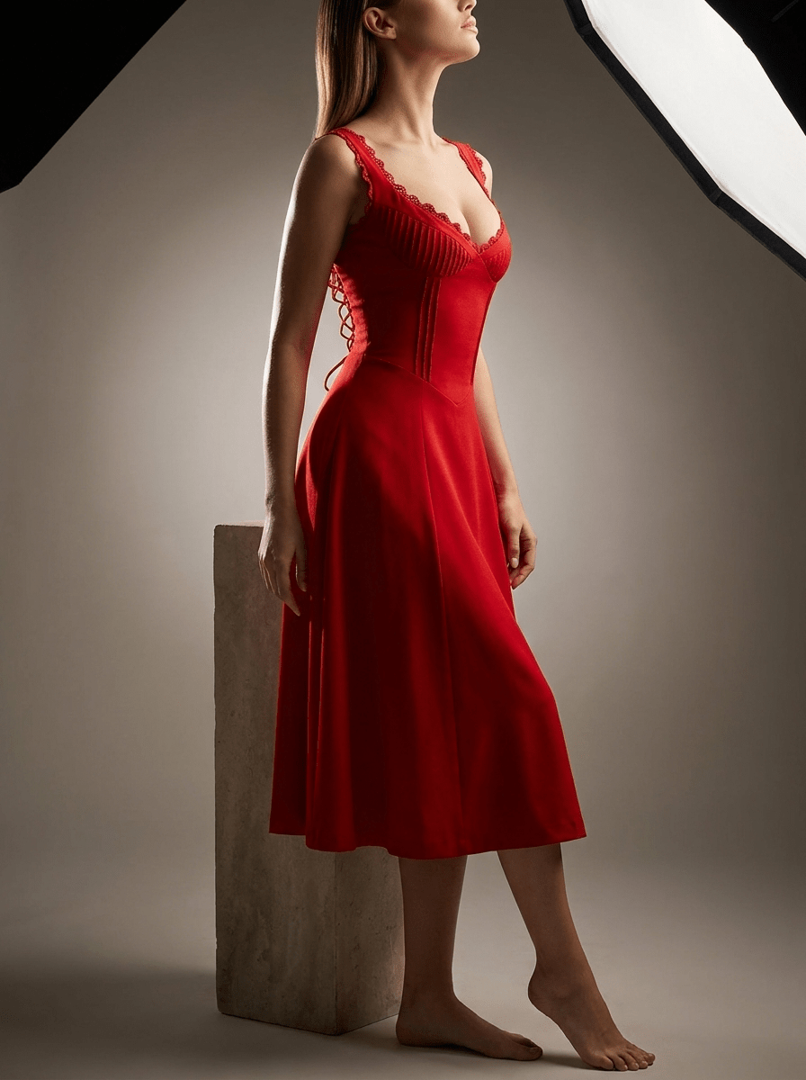 Scalloped V Neck Midi Dress Women Lace Up Back Cotton Sleeveless ?? Kharites Shop - Image 3