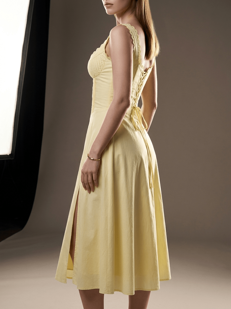 Scalloped V Neck Midi Dress Women Lace Up Back Cotton Sleeveless ?? Kharites Shop - Image 7
