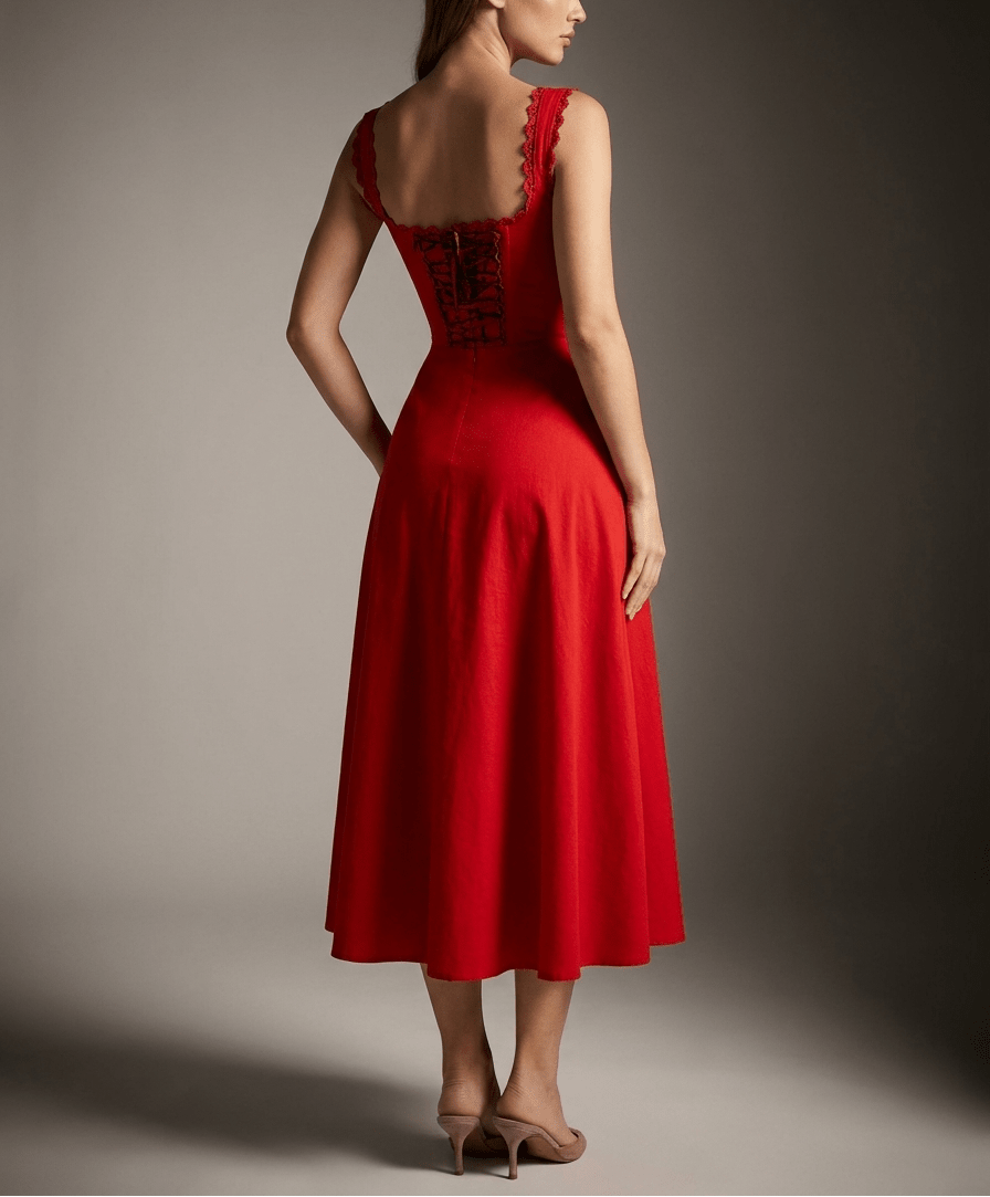 Scalloped V Neck Midi Dress Women Lace Up Back Cotton Sleeveless ?? Kharites Shop - Image 4