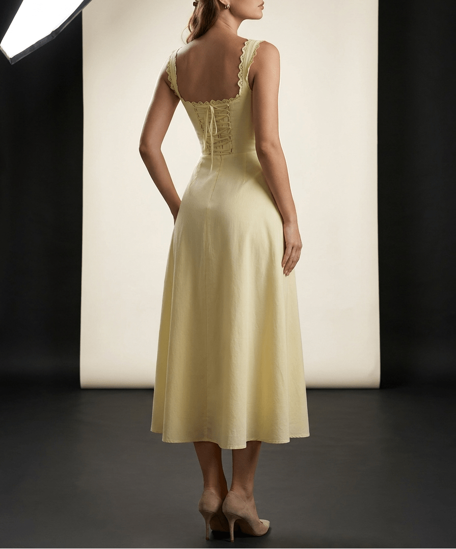 Scalloped V Neck Midi Dress Women Lace Up Back Cotton Sleeveless ?? Kharites Shop - Image 9