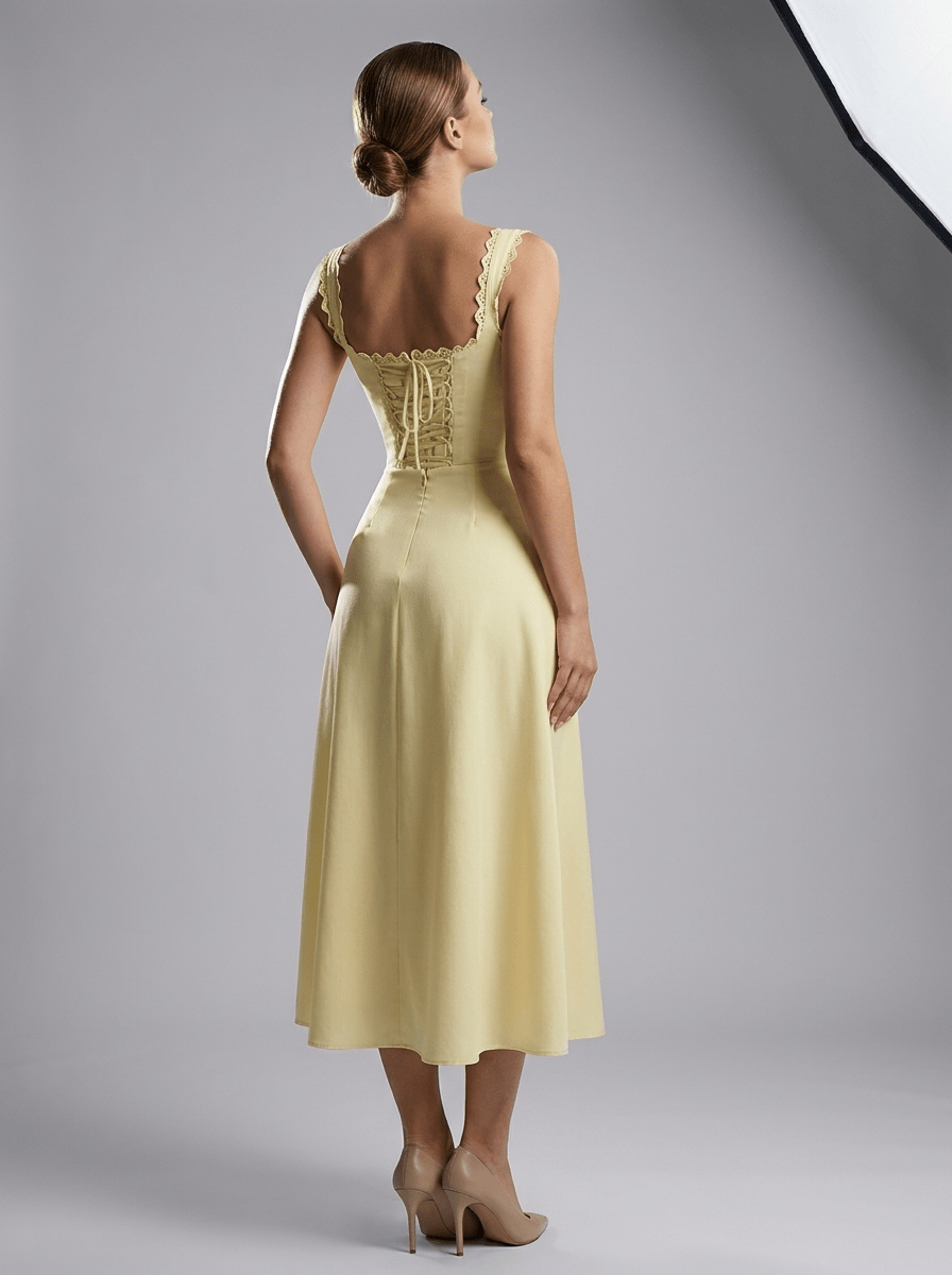 Scalloped V Neck Midi Dress Women Lace Up Back Cotton Sleeveless ?? Kharites Shop - Image 8
