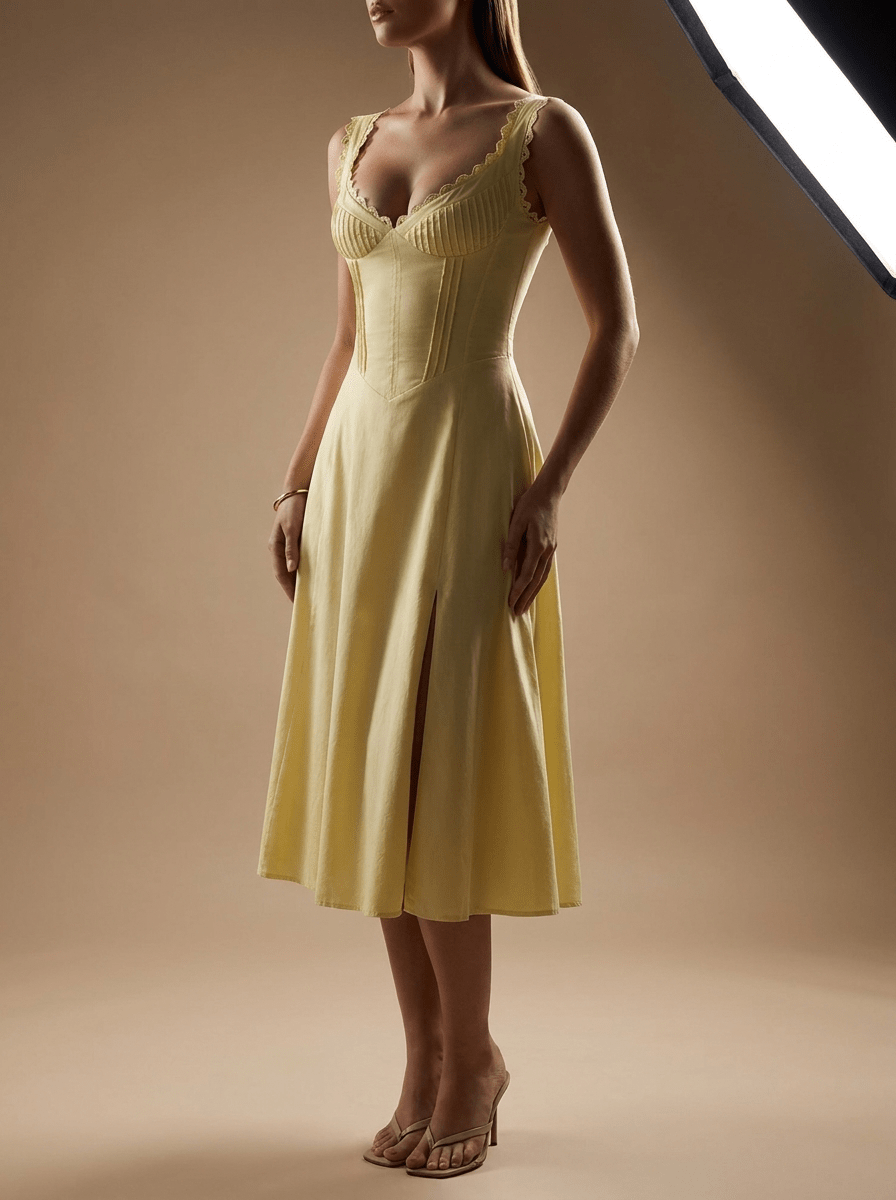 Scalloped V Neck Midi Dress Women Lace Up Back Cotton Sleeveless ?? Kharites Shop - Image 5