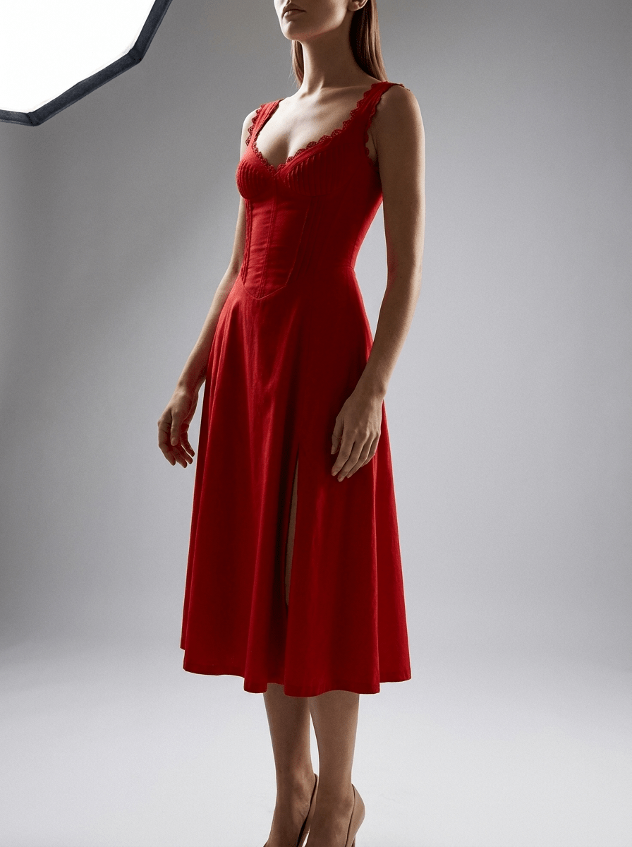 Scalloped V Neck Midi Dress Women Lace Up Back Cotton Sleeveless ?? Kharites Shop - Image 2