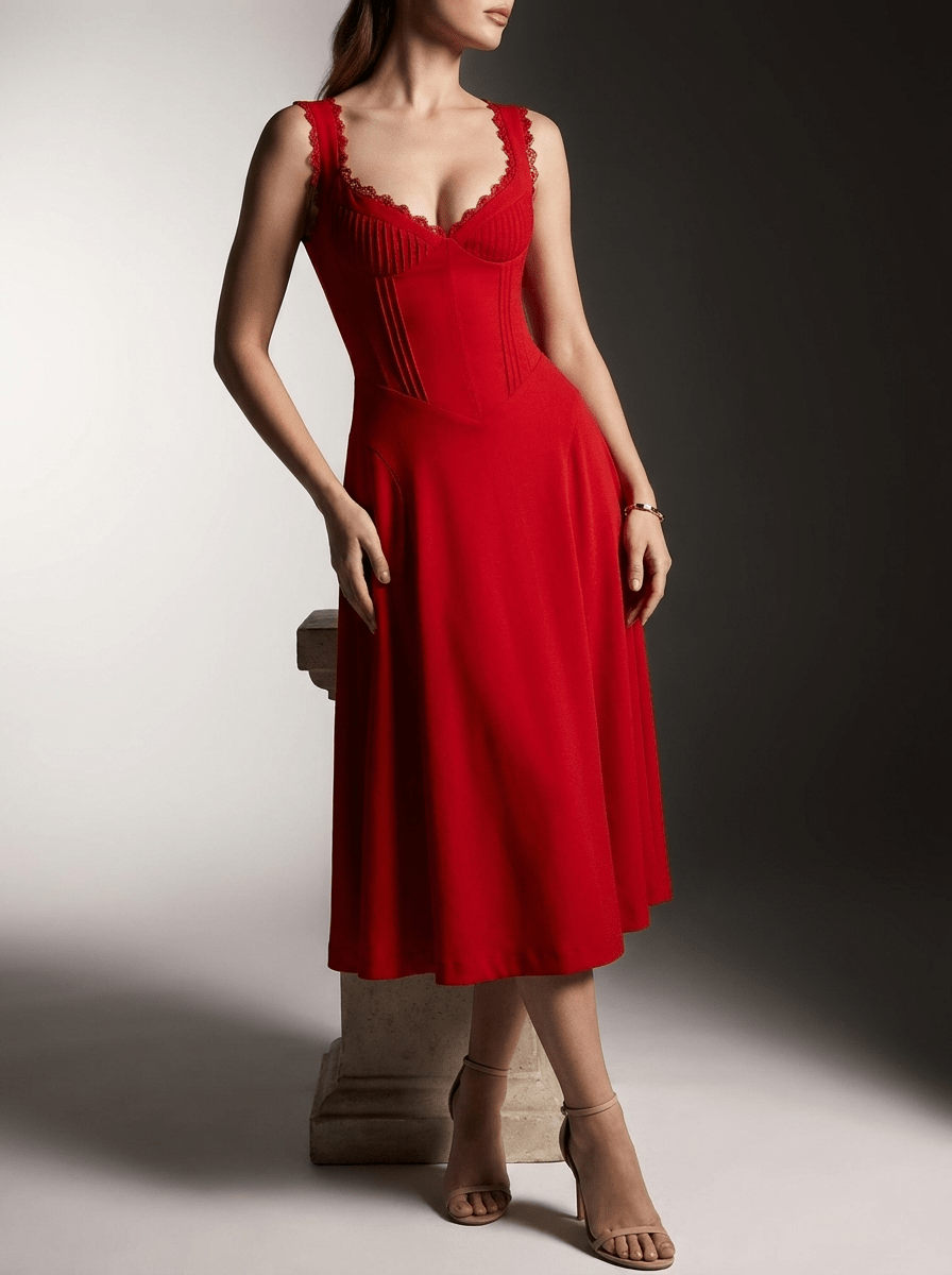 Scalloped V Neck Midi Dress Women Lace Up Back Cotton Sleeveless ?? Kharites Shop