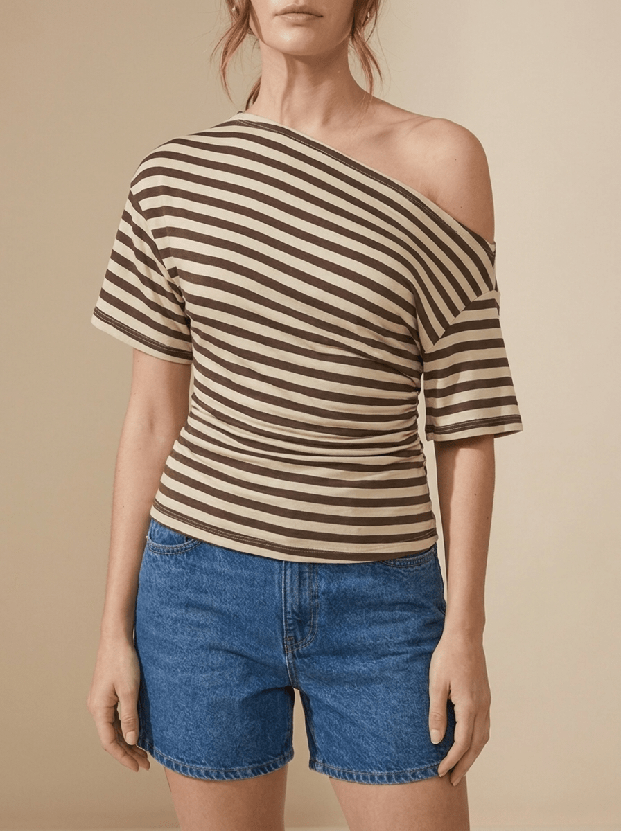 Striped One Shoulder Top Women Asymmetric Short Sleeve T Shirt ?? Kharites Shop