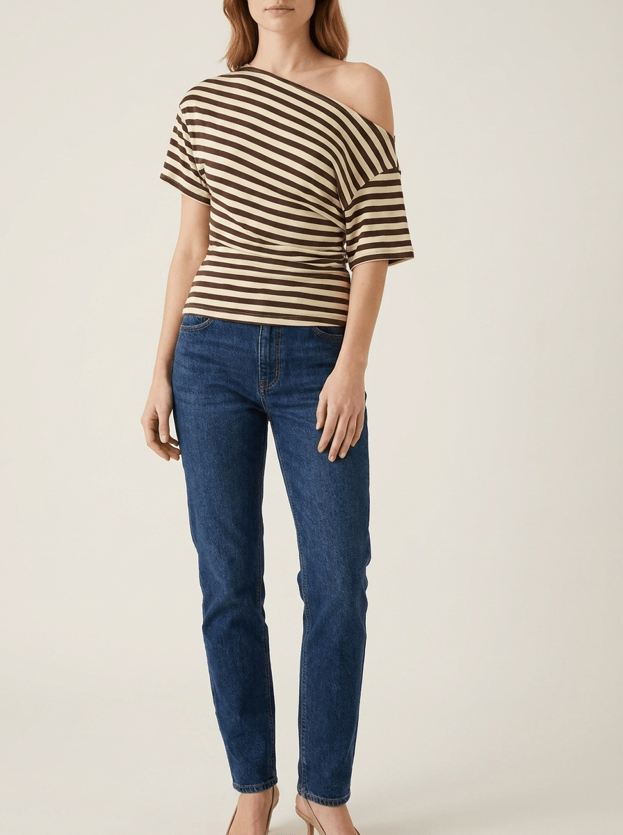 Striped One Shoulder Top Women Asymmetric Short Sleeve T Shirt ?? Kharites Shop - Image 3