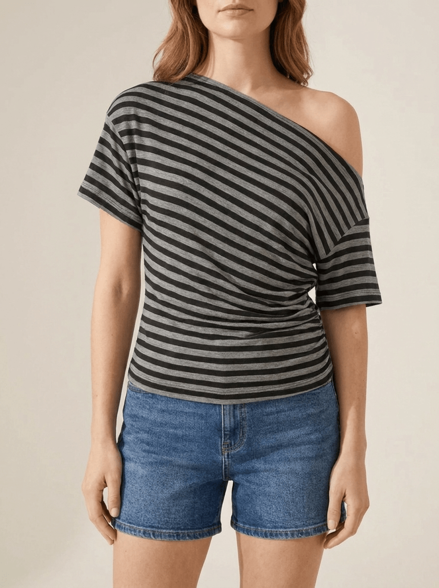Striped One Shoulder Top Women Asymmetric Short Sleeve T Shirt ?? Kharites Shop - Image 6