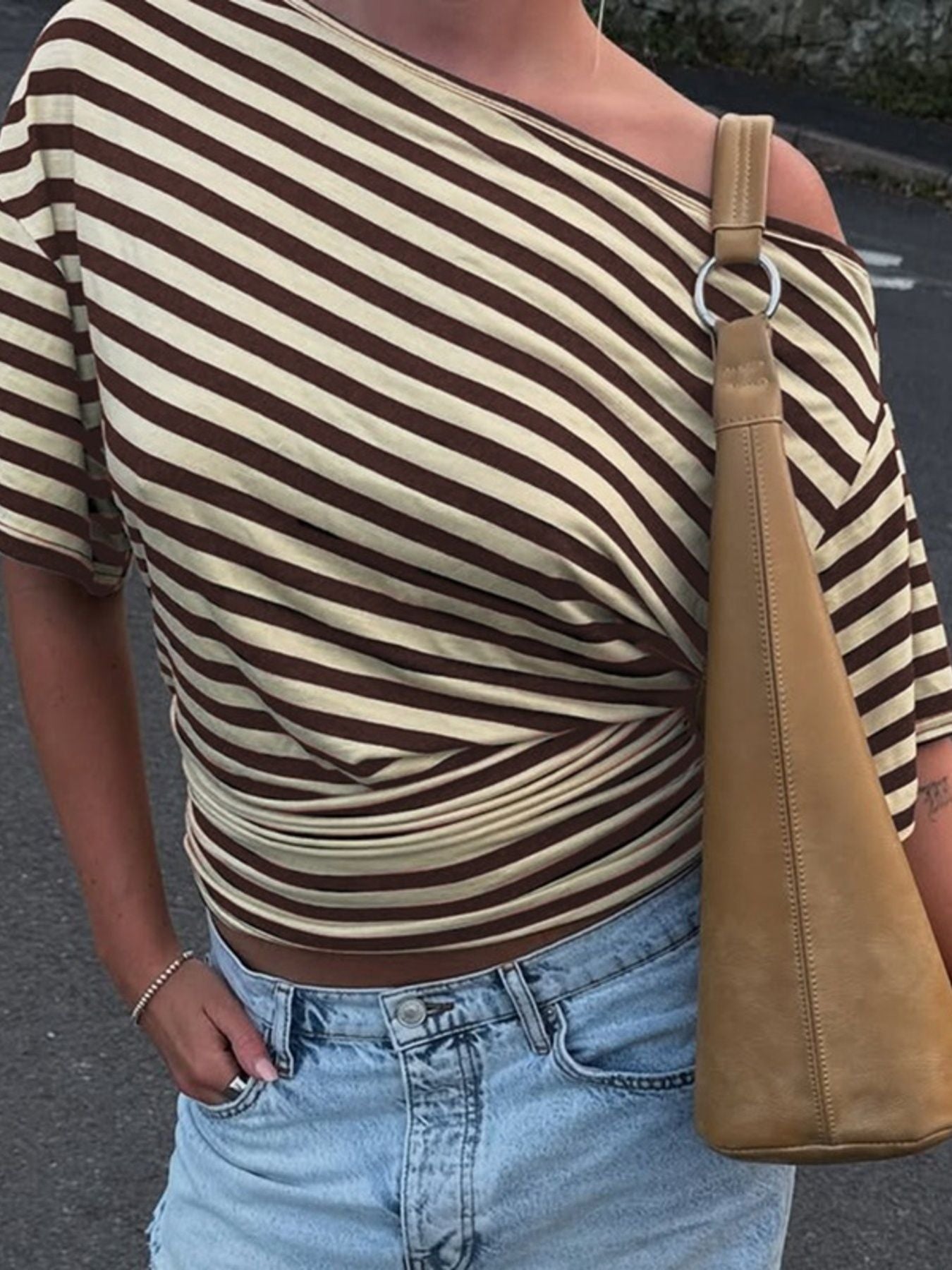 Striped One Shoulder Top Women Asymmetric Short Sleeve T Shirt ?? Kharites Shop - Image 9