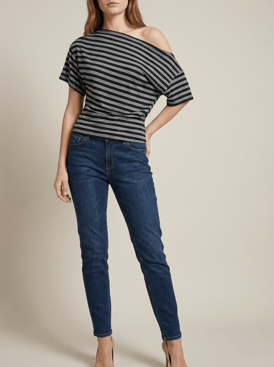 Striped One Shoulder Top Women Asymmetric Short Sleeve T Shirt ?? Kharites Shop - Image 7