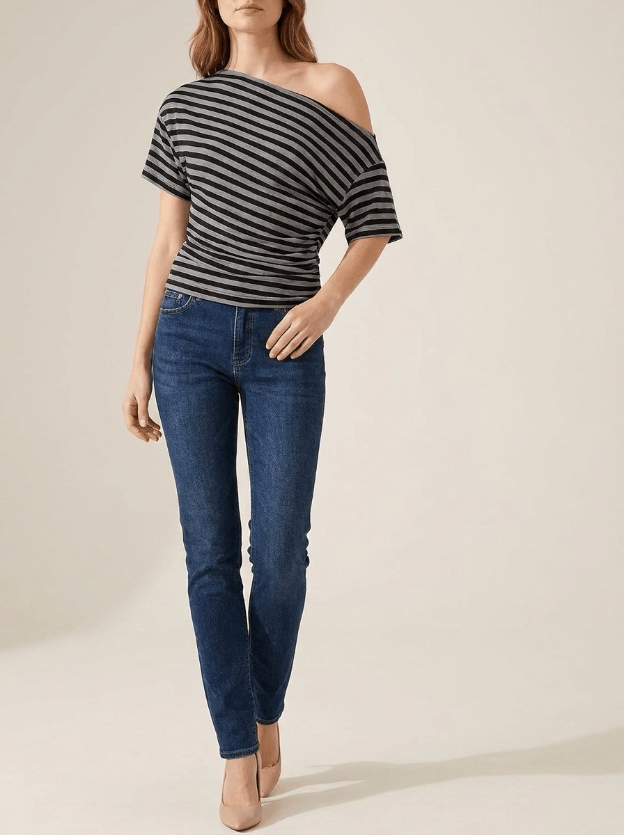 Striped One Shoulder Top Women Asymmetric Short Sleeve T Shirt ?? Kharites Shop - Image 5