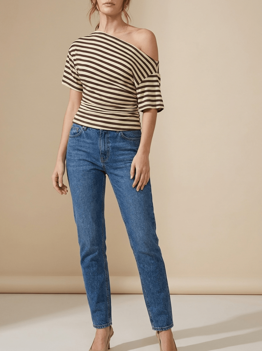 Striped One Shoulder Top Women Asymmetric Short Sleeve T Shirt ?? Kharites Shop - Image 2