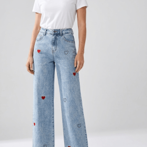 Wide Leg Jeans Women Embroidered Heart High Waisted Denim With Pockets ?? Kharites Shop